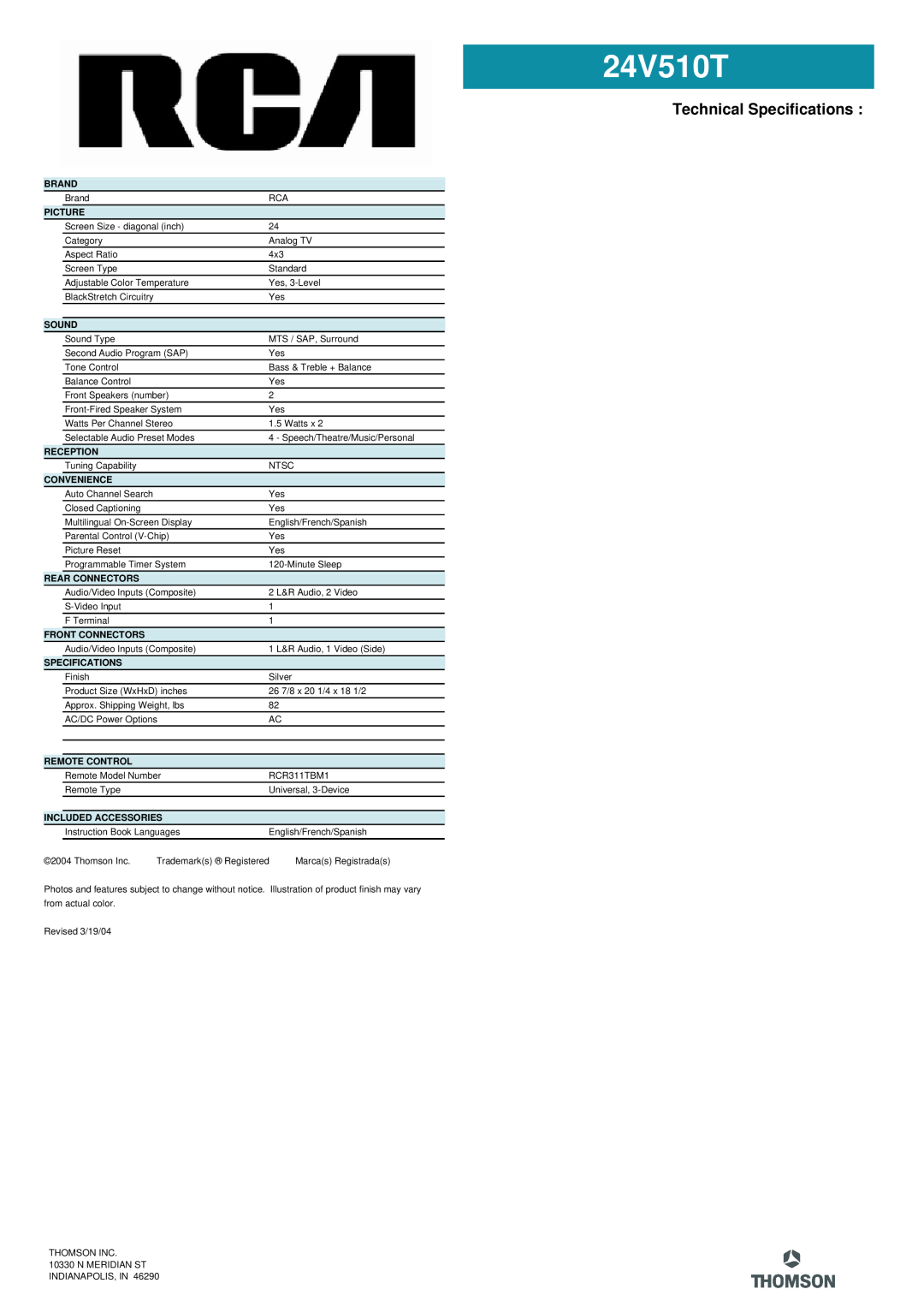 RCA 24V510T manual Technical Specifications 
