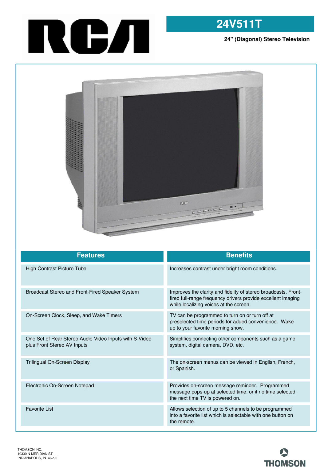 RCA 24V511T manual Features, Benefits 