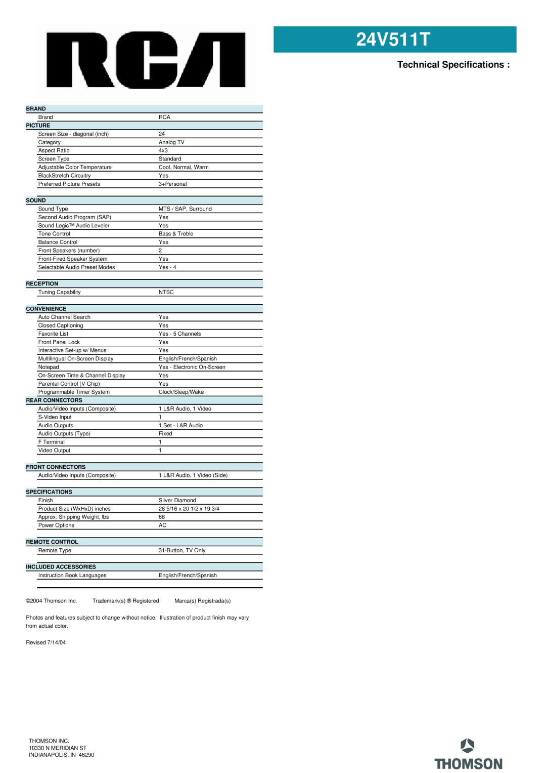 RCA 24V511T manual Brand, Picture, Sound, Reception, Convenience, Rear Connectors, Front Connectors, Specifications 