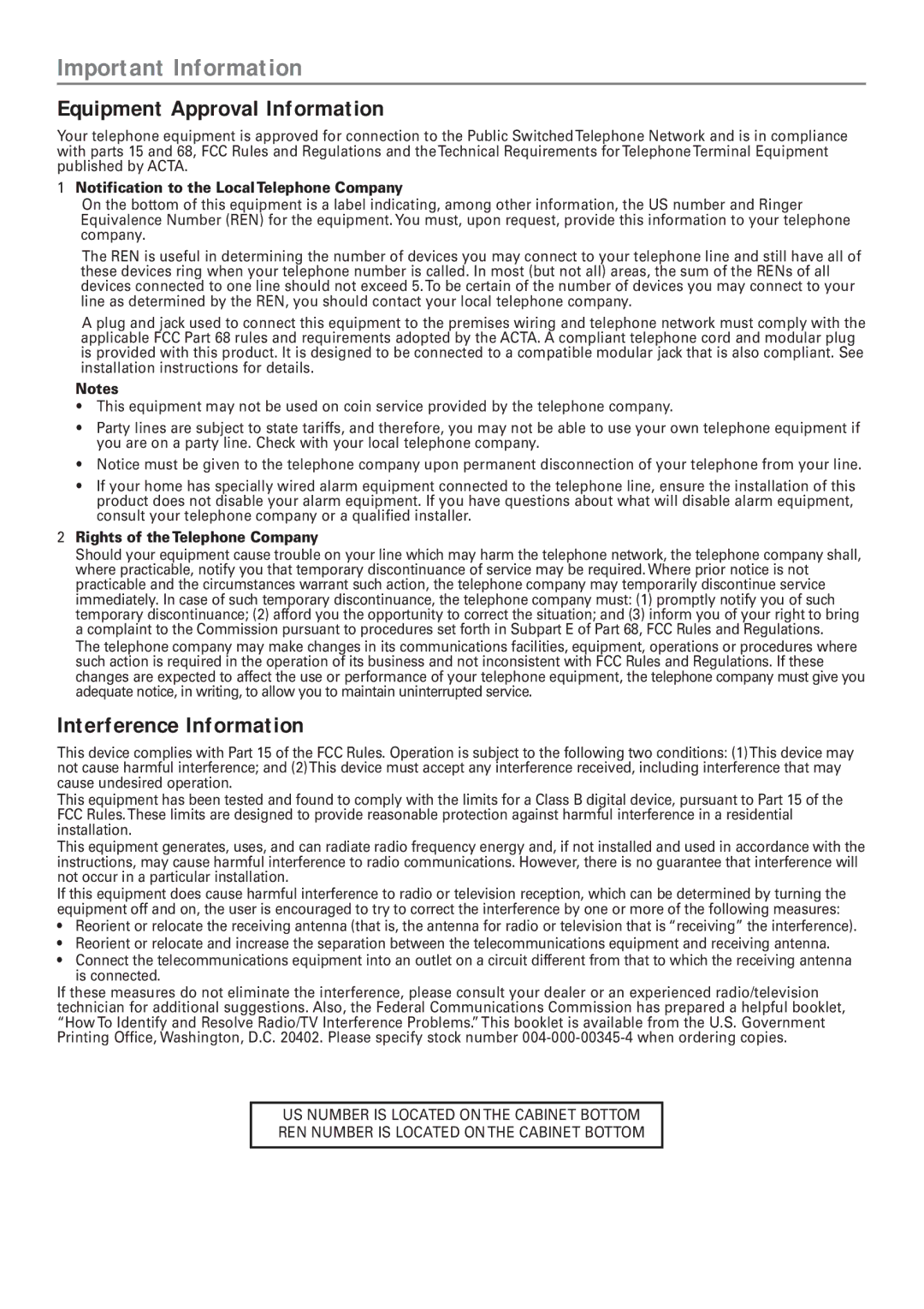 RCA 25001 manual Important Information, Equipment Approval Information, Interference Information 