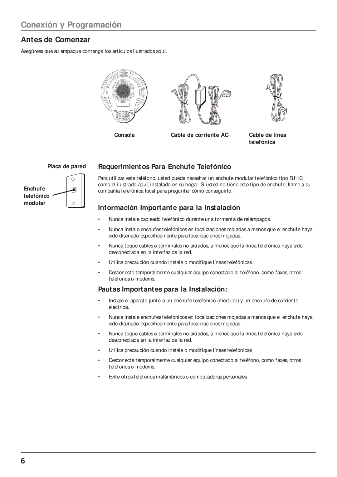 RCA 25001 manual Antes de Comenzar, Requerimientos Para Enchufe Telefónico, Información Importante para la Instalación 