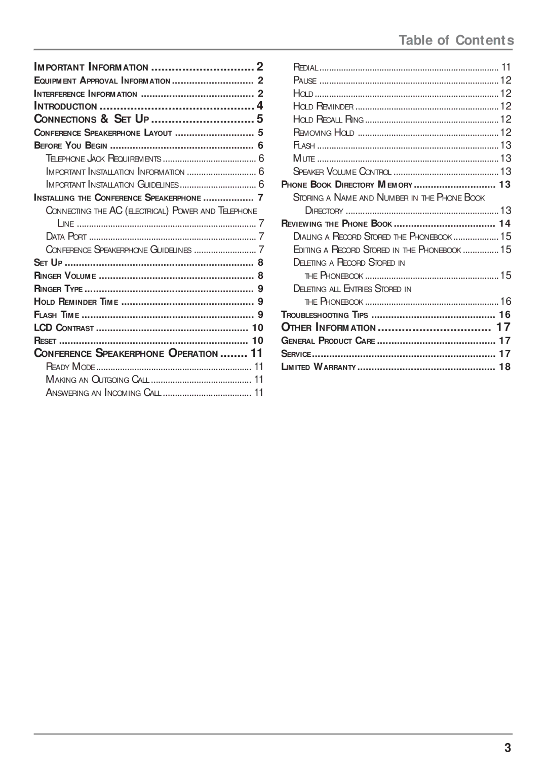 RCA 25001 manual Table of Contents 