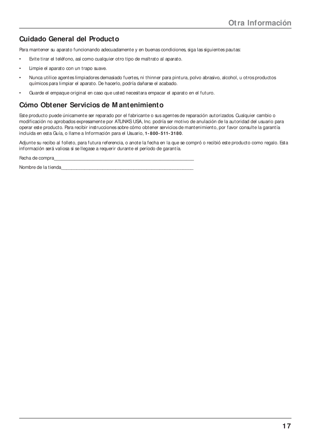 RCA 25001 manual Otra Información, Cuidado General del Producto, Cómo Obtener Servicios de Mantenimiento 