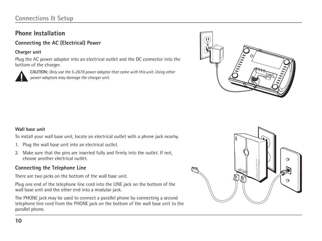 RCA 25110 manual Phone Installation, Connecting the AC Electrical Power, Connecting the Telephone Line, Charger unit 