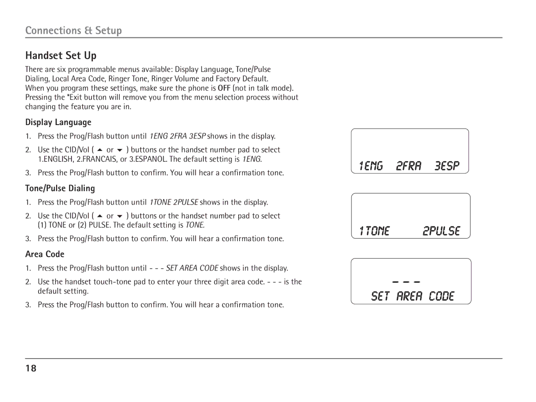 RCA 25110 manual Handset Set Up, Display Language, Tone/Pulse Dialing, Area Code 