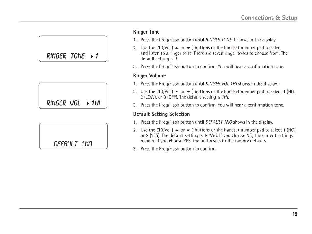 RCA 25110 manual Ringer Tone, Ringer Volume, Default Setting Selection 