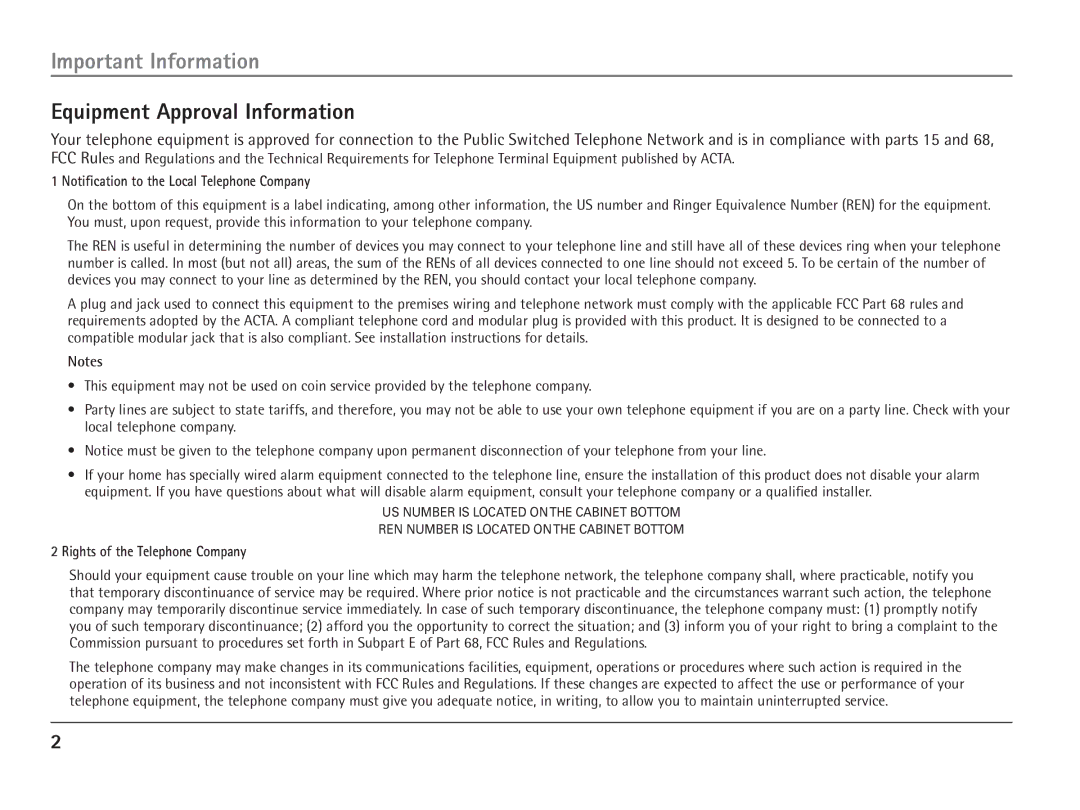 RCA 25110 manual Important Information, Equipment Approval Information, Notification to the Local Telephone Company 