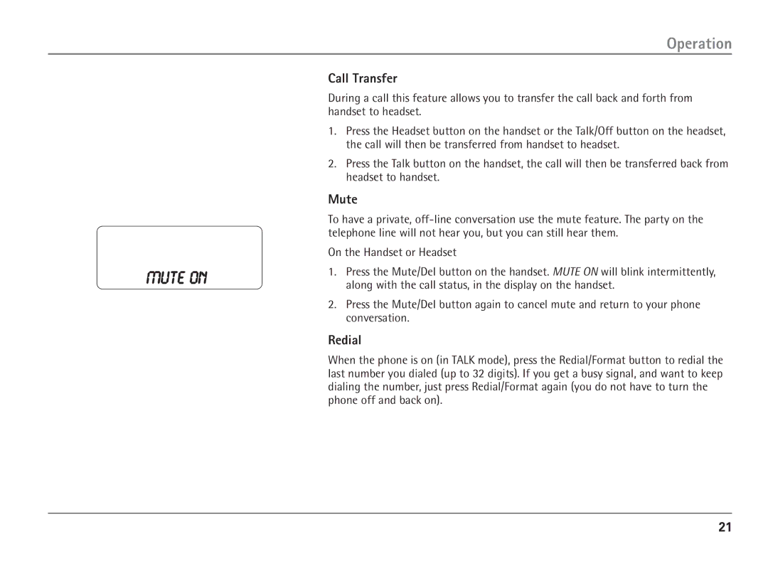 RCA 25110 manual Call Transfer, Mute, Redial 