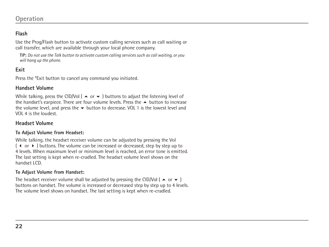 RCA 25110 manual Flash, Exit, Handset Volume, Headset Volume 
