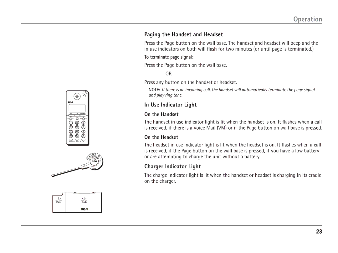 RCA 25110 manual Paging the Handset and Headset, Use Indicator Light, Charger Indicator Light, To terminate page signal 