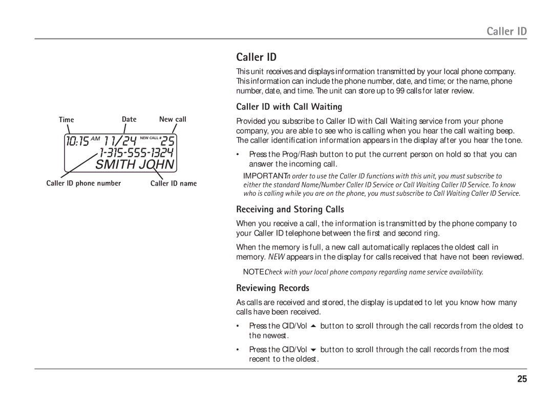 RCA 25110 manual Caller ID with Call Waiting, Receiving and Storing Calls, Reviewing Records 