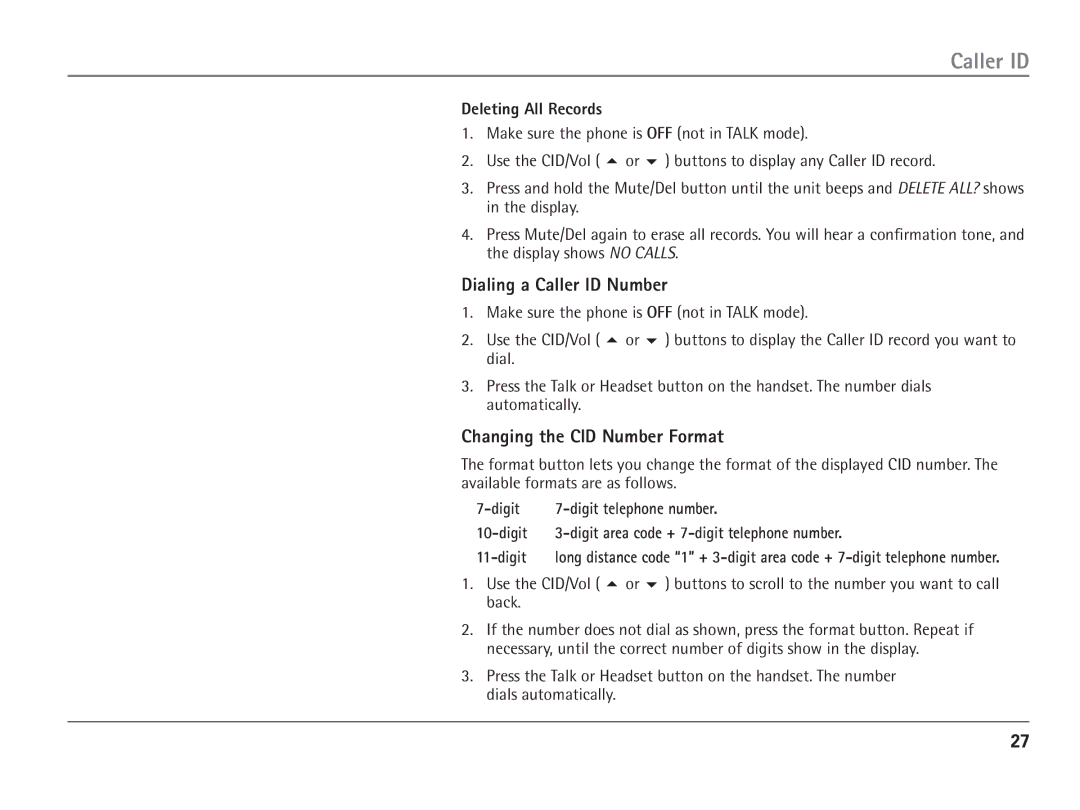 RCA 25110 manual Dialing a Caller ID Number, Changing the CID Number Format, Deleting All Records 