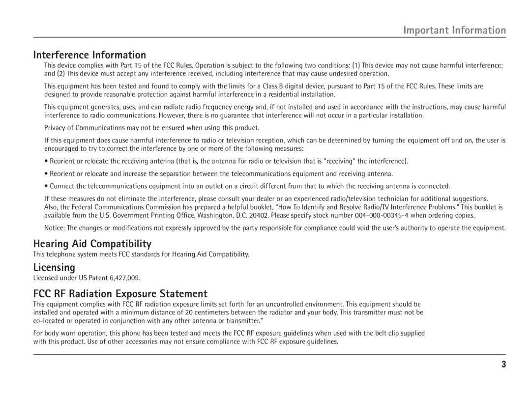 RCA 25110 manual Interference Information, Hearing Aid Compatibility, Licensing, FCC RF Radiation Exposure Statement 