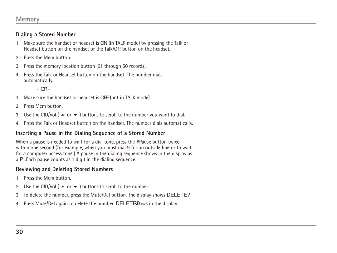 RCA 25110 manual Dialing a Stored Number, Reviewing and Deleting Stored Numbers 