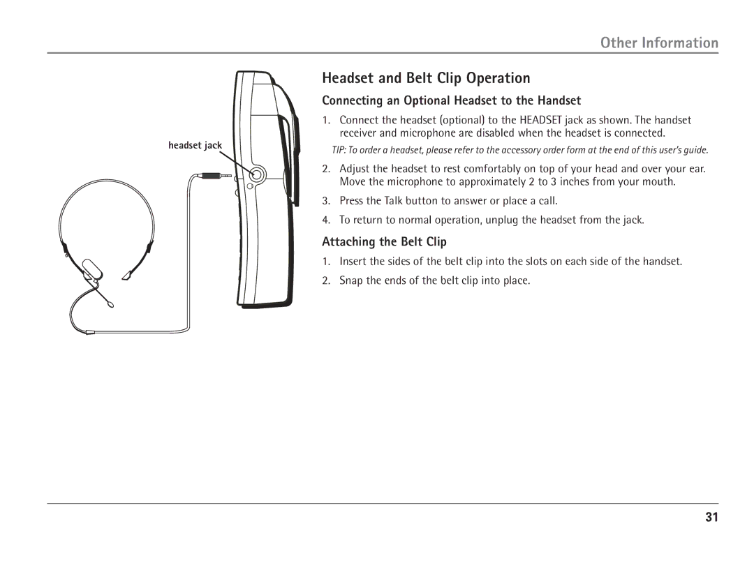 RCA 25110 manual Other Information, Headset and Belt Clip Operation, Connecting an Optional Headset to the Handset 