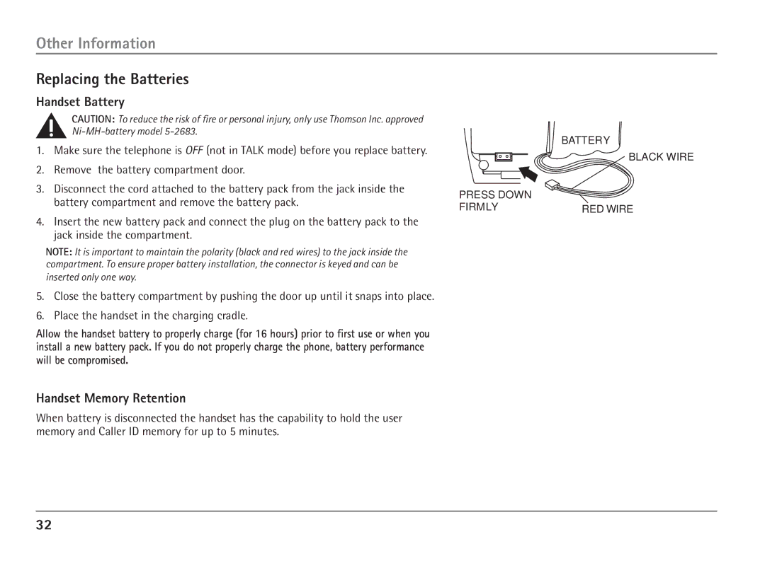 RCA 25110 manual Replacing the Batteries, Handset Battery, Handset Memory Retention 