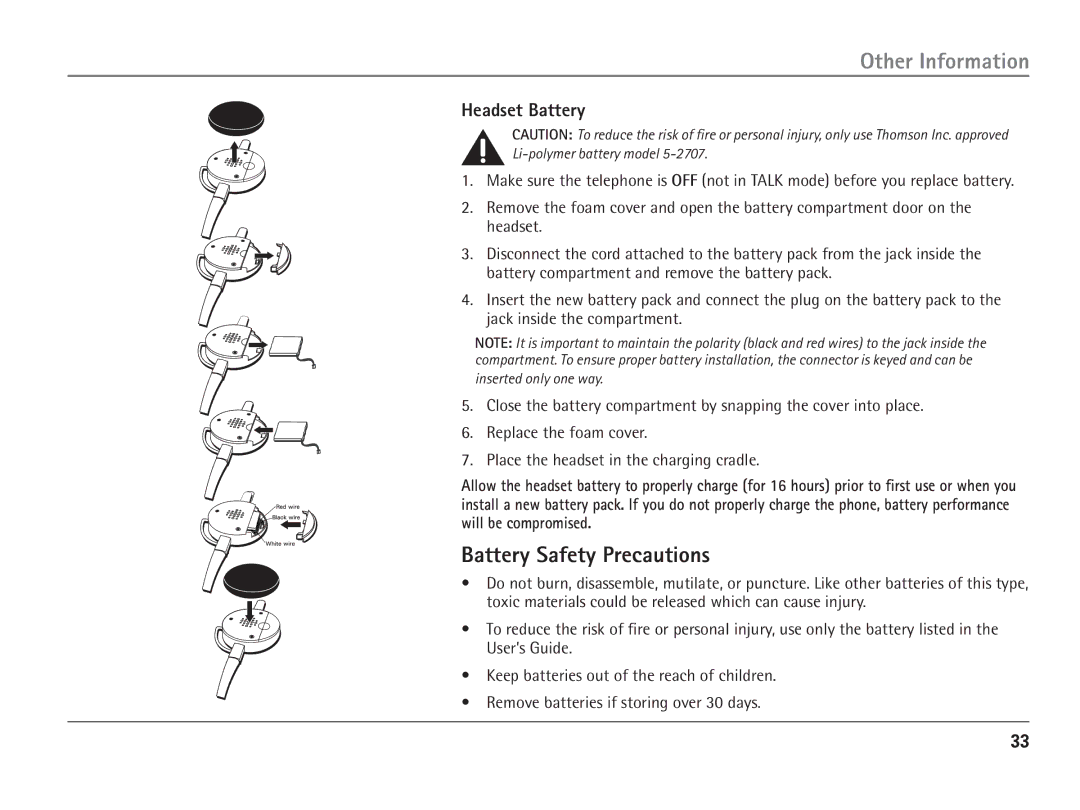 RCA 25110 manual Battery Safety Precautions, Headset Battery 