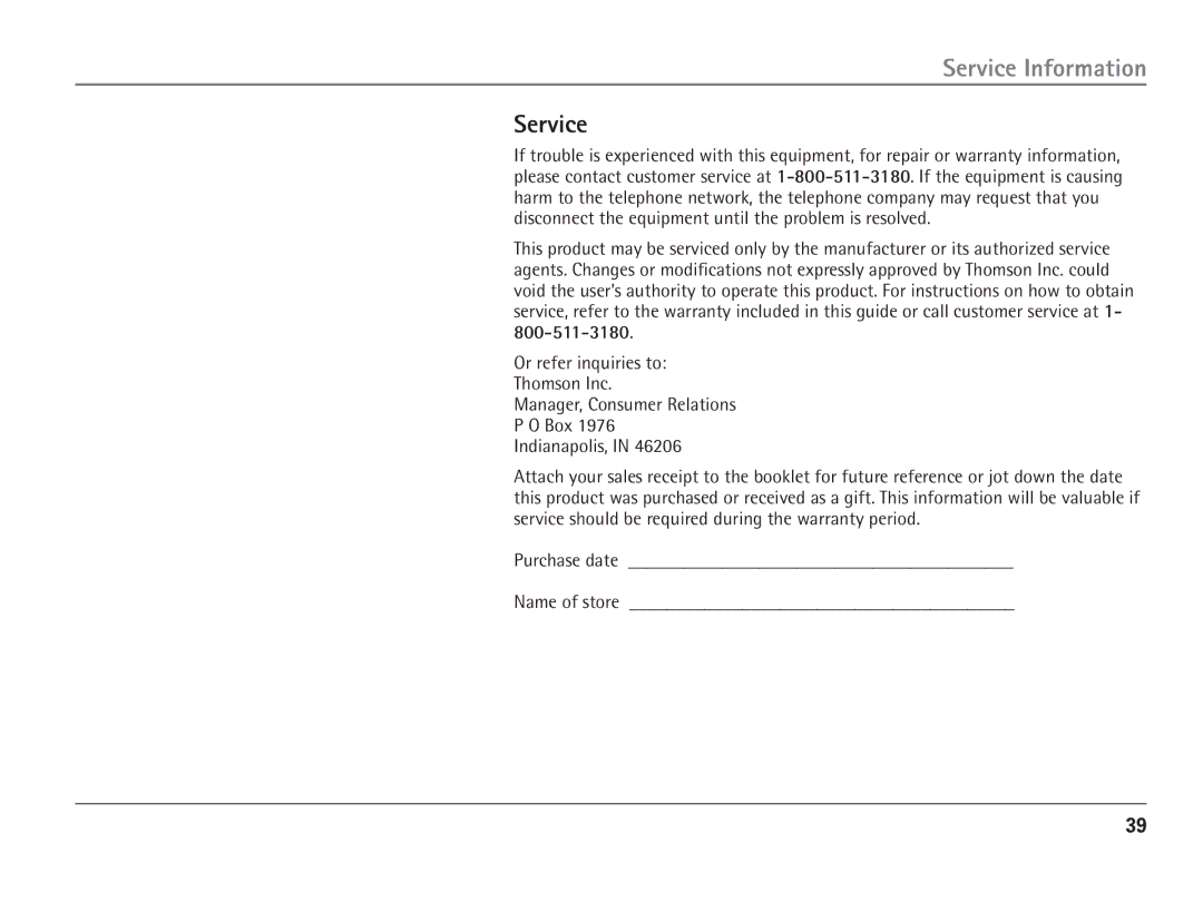 RCA 25110 manual Service Information 