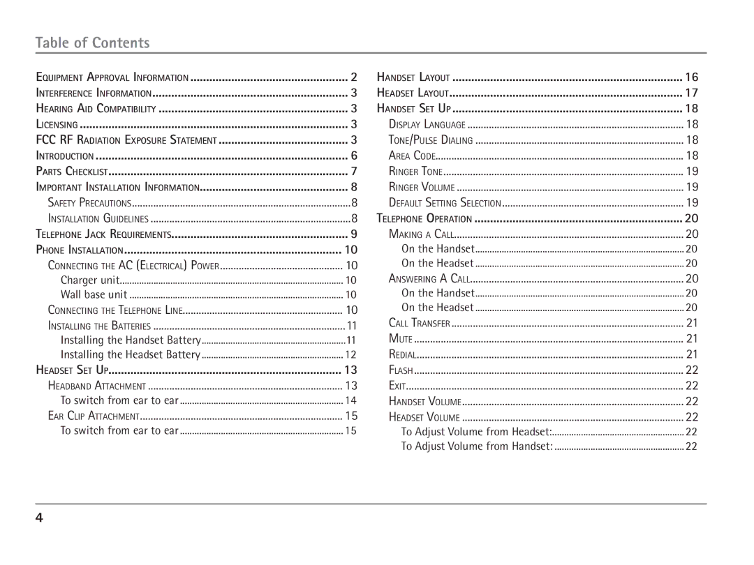 RCA 25110 manual Table of Contents 