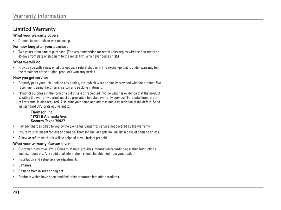 RCA 25110 manual Warranty Information, Limited Warranty 