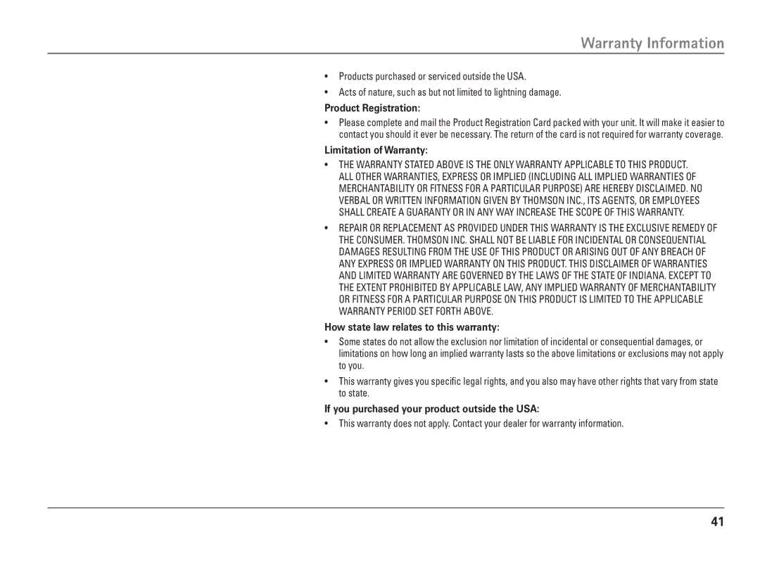 RCA 25110 manual Product Registration, Limitation of Warranty, How state law relates to this warranty 