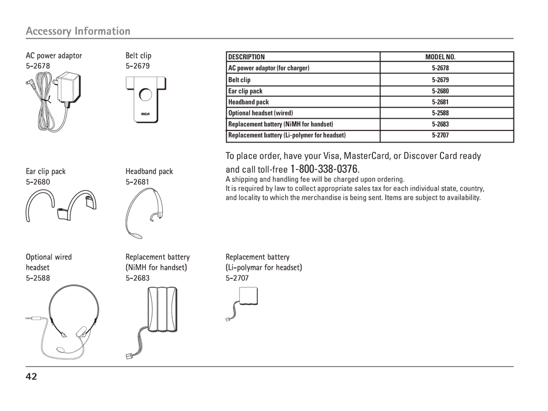 RCA 25110 manual Accessory Information 