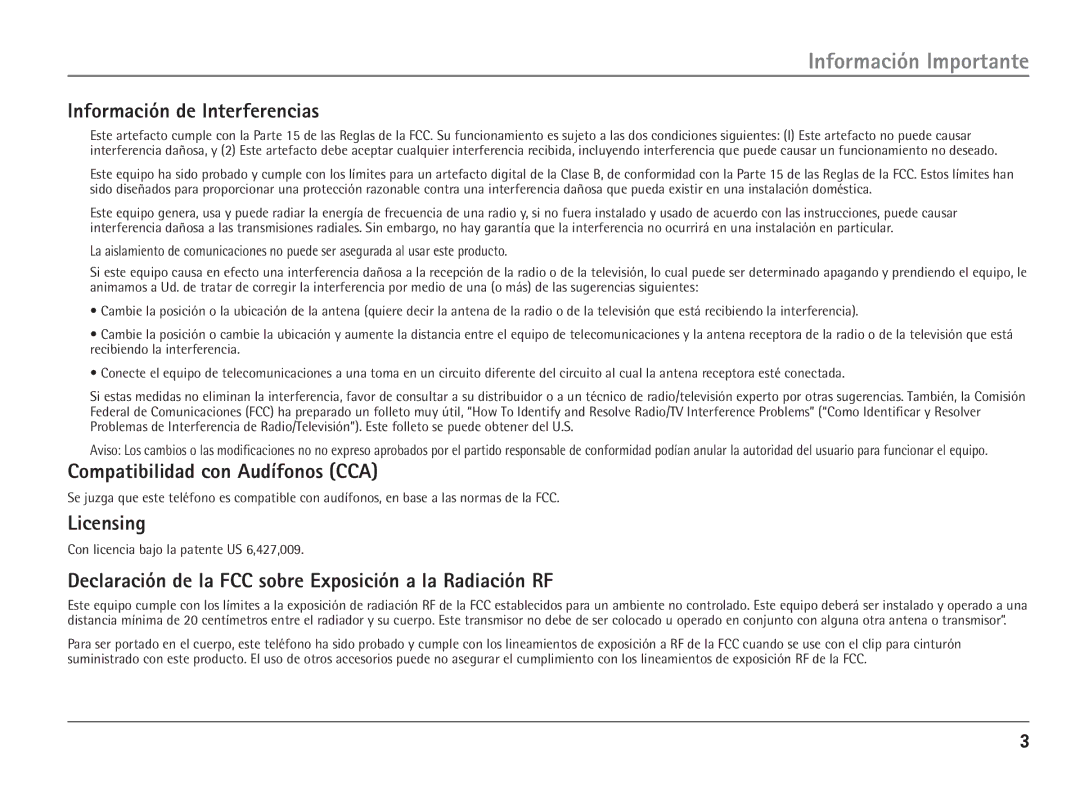 RCA 25110 manual Información de Interferencias, Compatibilidad con Audífonos CCA, Licensing 