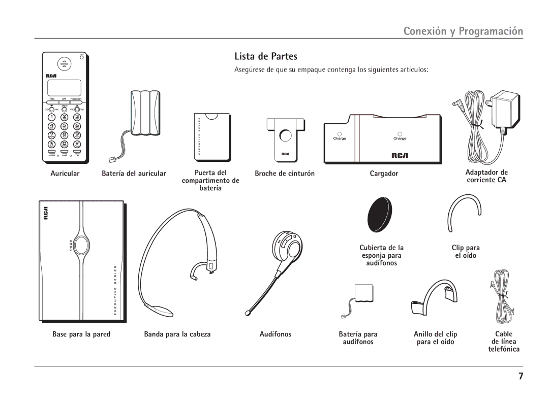 RCA 25110 manual Conexión y Programación, Lista de Partes, Auricular Batería del auricular, Broche de cinturón Cargador 