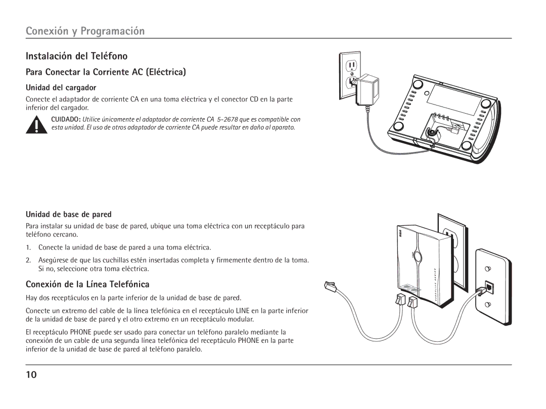 RCA 25110 manual Instalación del Teléfono, Para Conectar la Corriente AC Eléctrica, Conexión de la Línea Telefónica 