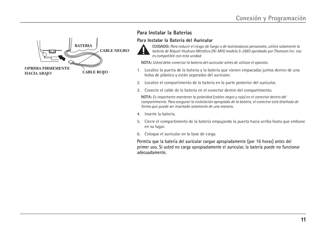 RCA 25110 manual Para Instalar la Baterías, Para Instalar la Batería del Auricular 