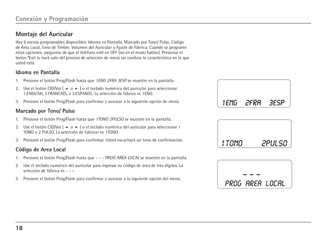 RCA 25110 manual Montaje del Auricular, Idioma en Pantalla, Marcado por Tono/ Pulso, Código de Area Local 