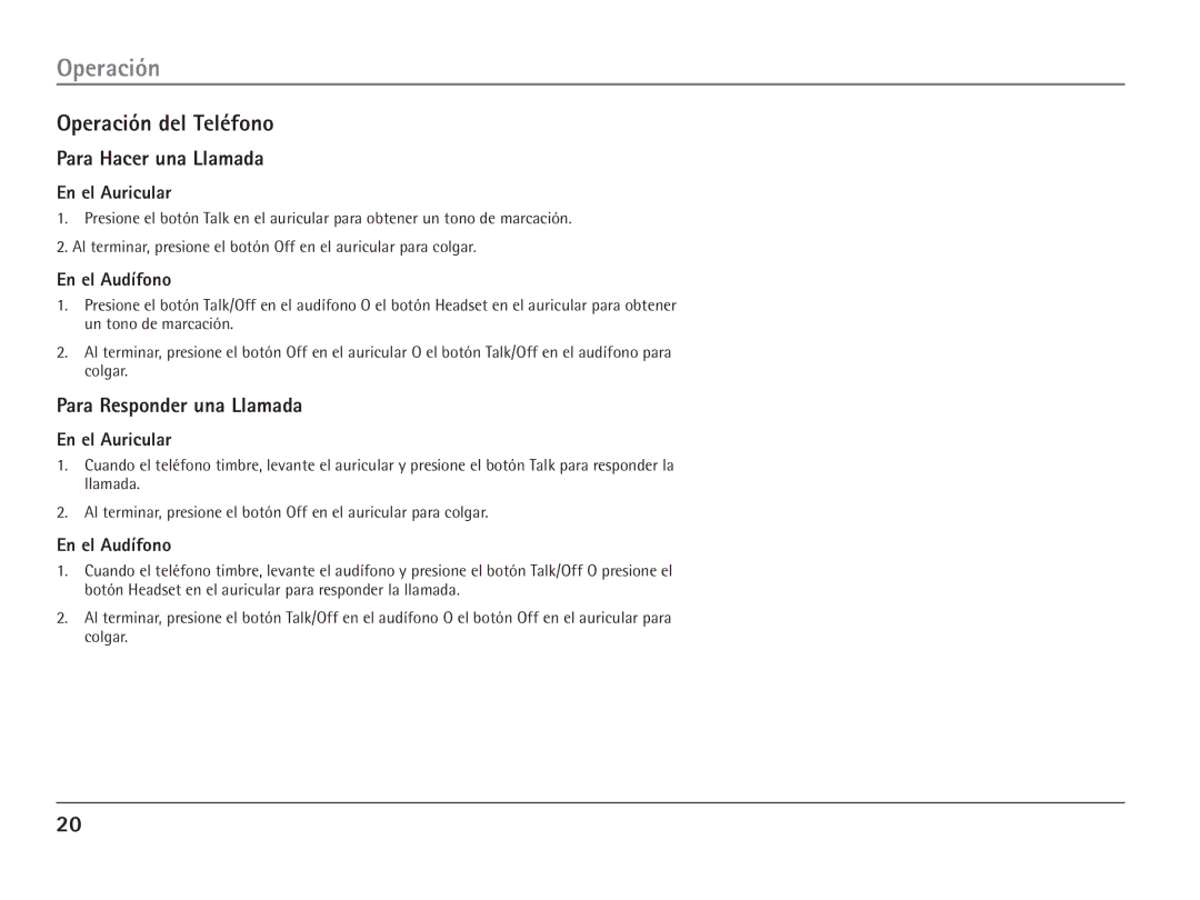 RCA 25110 manual Operación del Teléfono, Para Hacer una Llamada, Para Responder una Llamada 