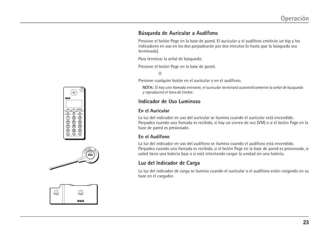 RCA 25110 manual Búsqueda de Auricular a Audífono, Indicador de Uso Luminoso, Luz del Indicador de Carga 