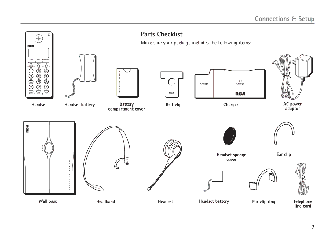 RCA 25110 manual Connections & Setup, Parts Checklist, Handset Handset battery, Belt clip Charger 