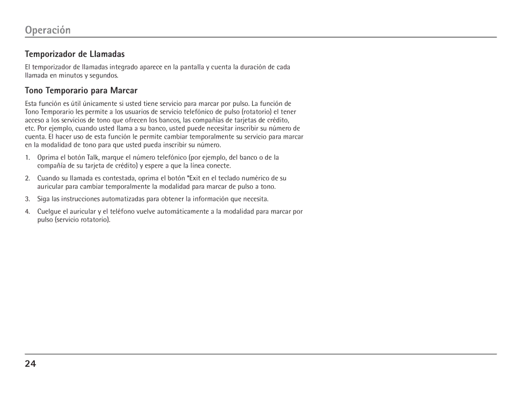 RCA 25110 manual Temporizador de Llamadas, Tono Temporario para Marcar 