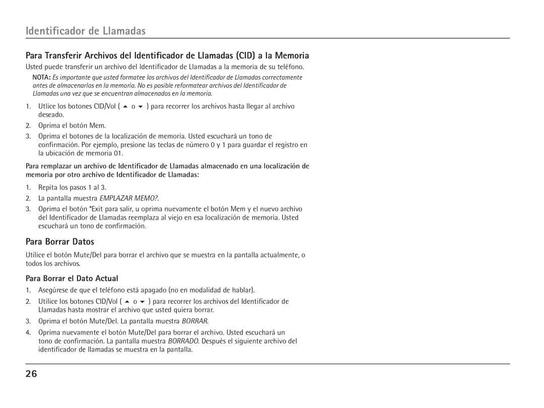 RCA 25110 manual Para Borrar Datos, Para Borrar el Dato Actual 