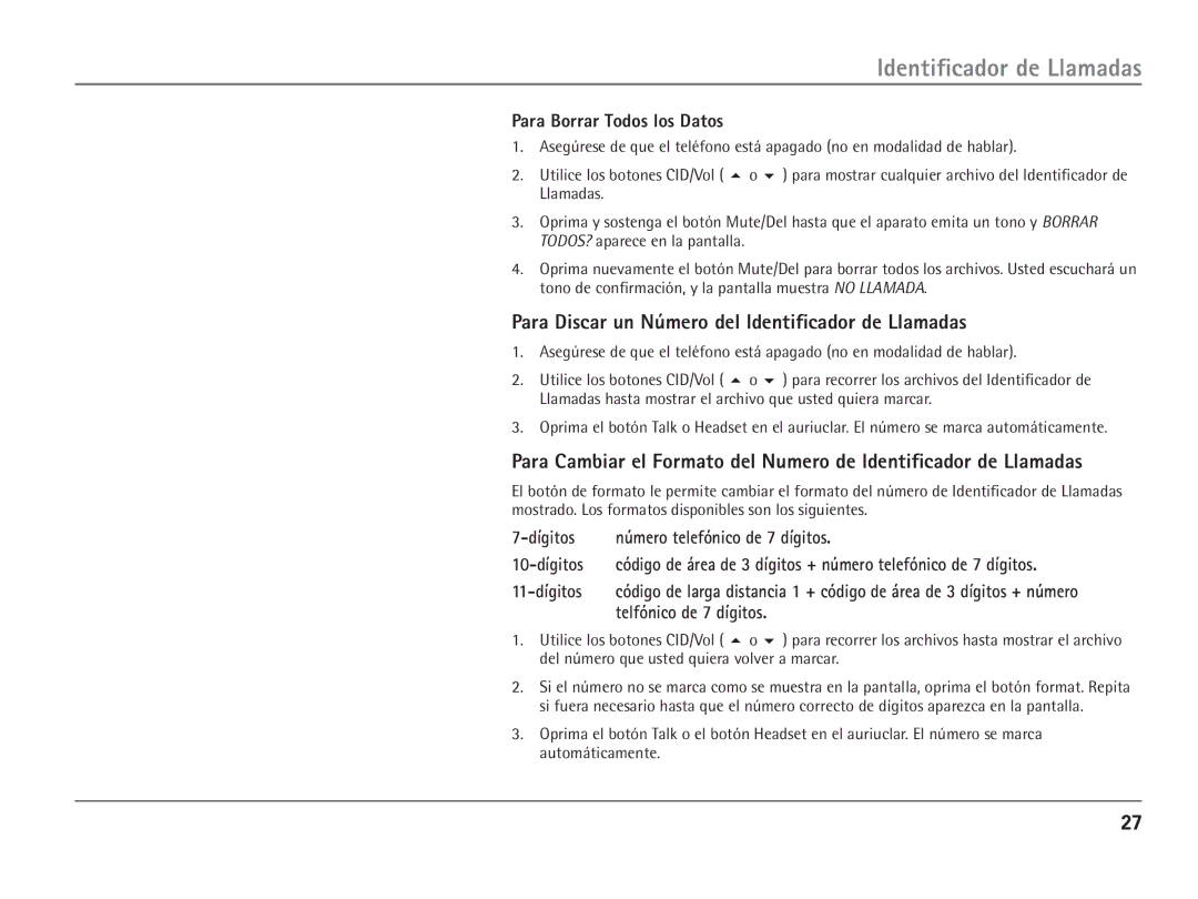 RCA 25110 manual Para Discar un Número del Identificador de Llamadas, Para Borrar Todos los Datos, 11-dígitos 