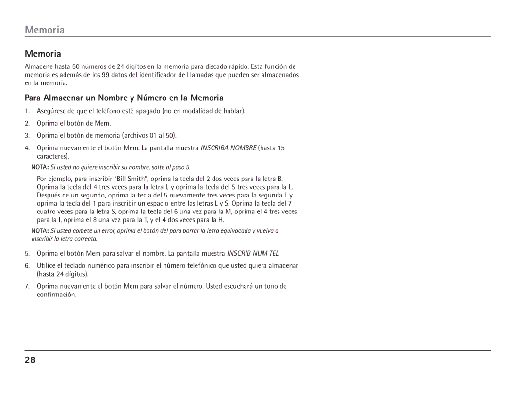 RCA 25110 manual Para Almacenar un Nombre y Número en la Memoria 