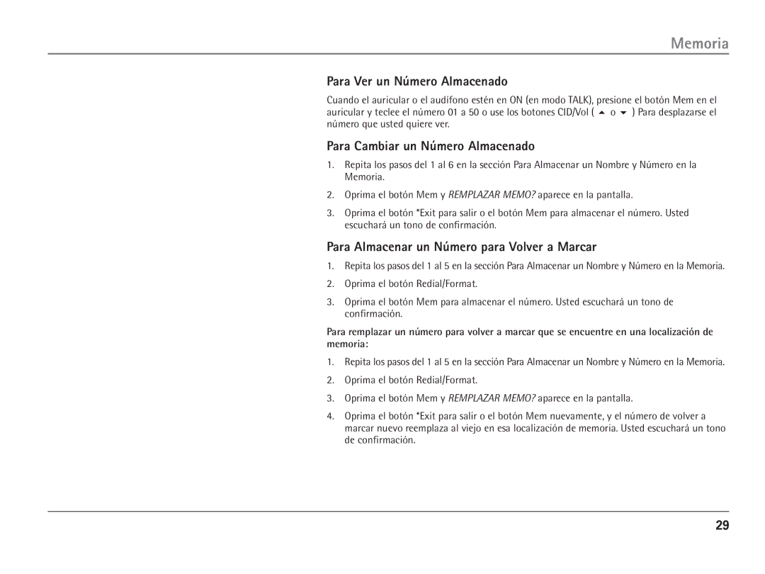 RCA 25110 Para Ver un Número Almacenado, Para Cambiar un Número Almacenado, Para Almacenar un Número para Volver a Marcar 