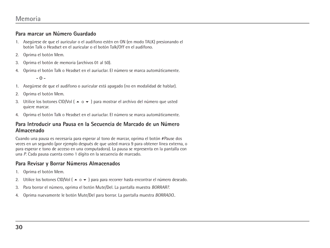 RCA 25110 manual Para marcar un Número Guardado, Para Revisar y Borrar Números Almacenados 