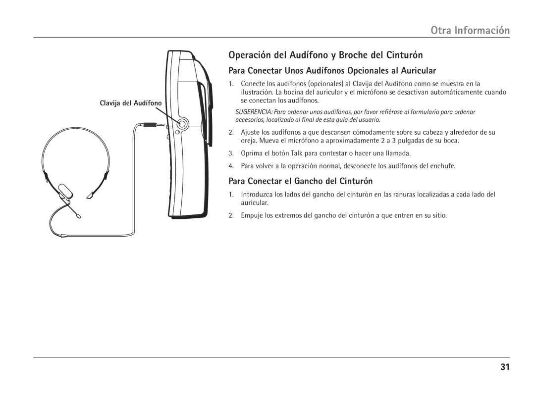 RCA 25110 manual Otra Información, Operación del Audífono y Broche del Cinturón, Para Conectar el Gancho del Cinturón 