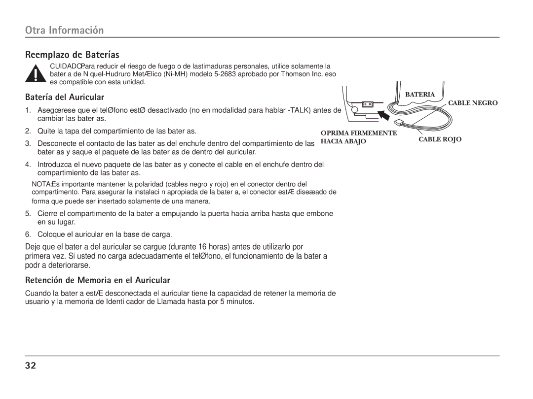 RCA 25110 manual Reemplazo de Baterías, Batería del Auricular, Retención de Memoria en el Auricular 