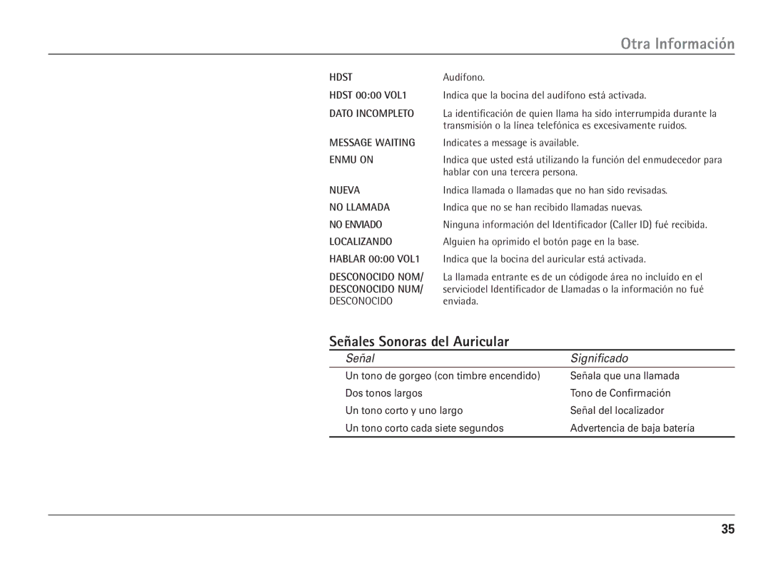 RCA 25110 manual Señales Sonoras del Auricular, Hdst 0000 VOL1 