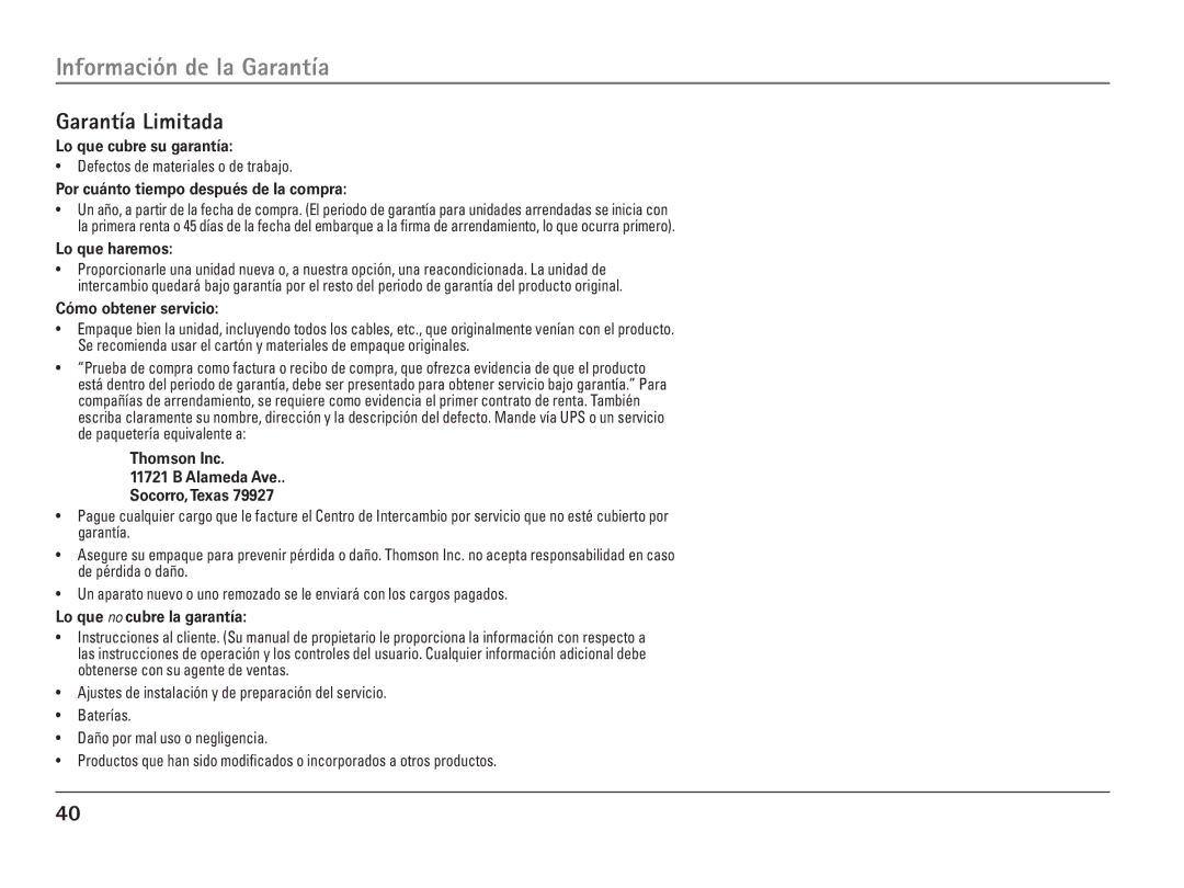 RCA 25110 manual Información de la Garantía, Garantía Limitada 