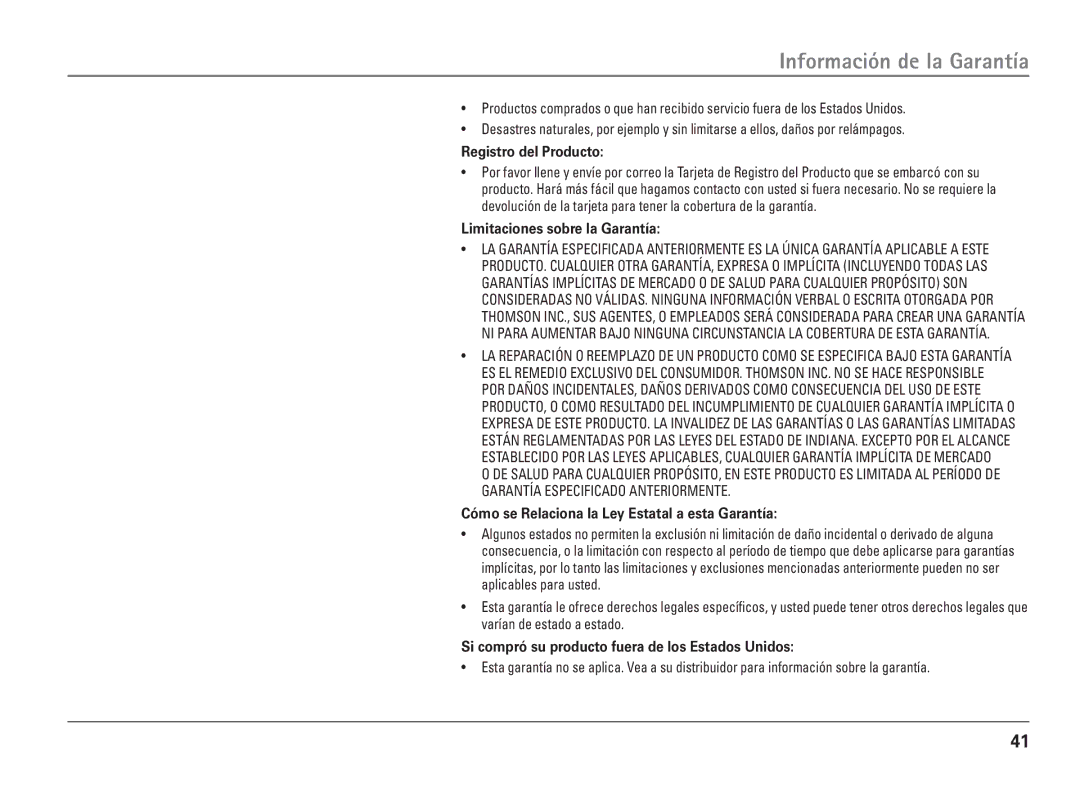 RCA 25110 manual Registro del Producto, Limitaciones sobre la Garantía, Cómo se Relaciona la Ley Estatal a esta Garantía 