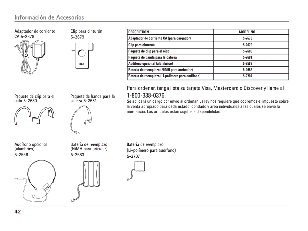 RCA 25110 Información de Accesorios, 2588, Batería de reemplazo Li-polímero para audífono, Paquete de clip para el oído 