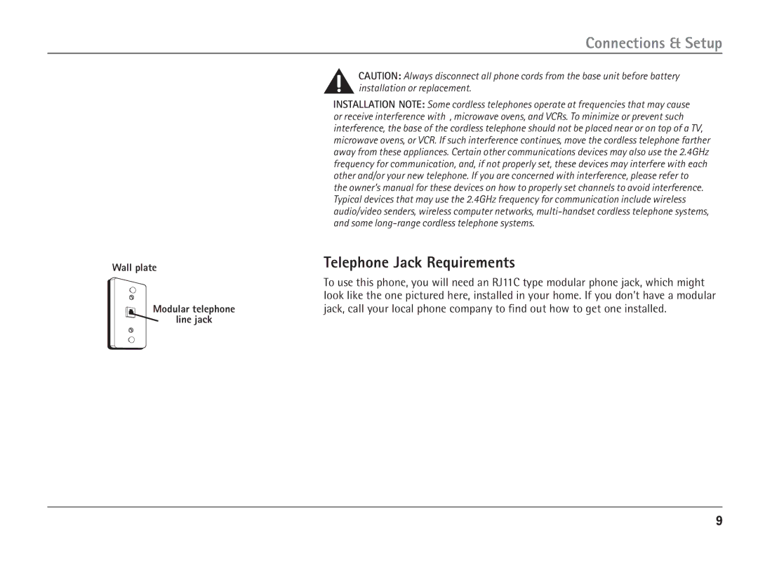 RCA 25110 manual Telephone Jack Requirements, Wall plate 