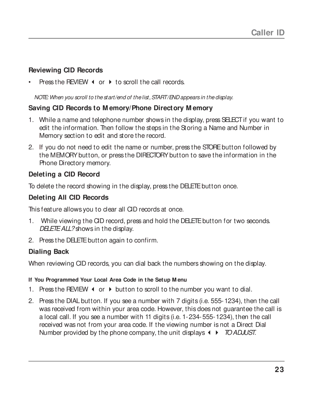 RCA 25202 Reviewing CID Records, Saving CID Records to Memory/Phone Directory Memory, Deleting a CID Record, Dialing Back 