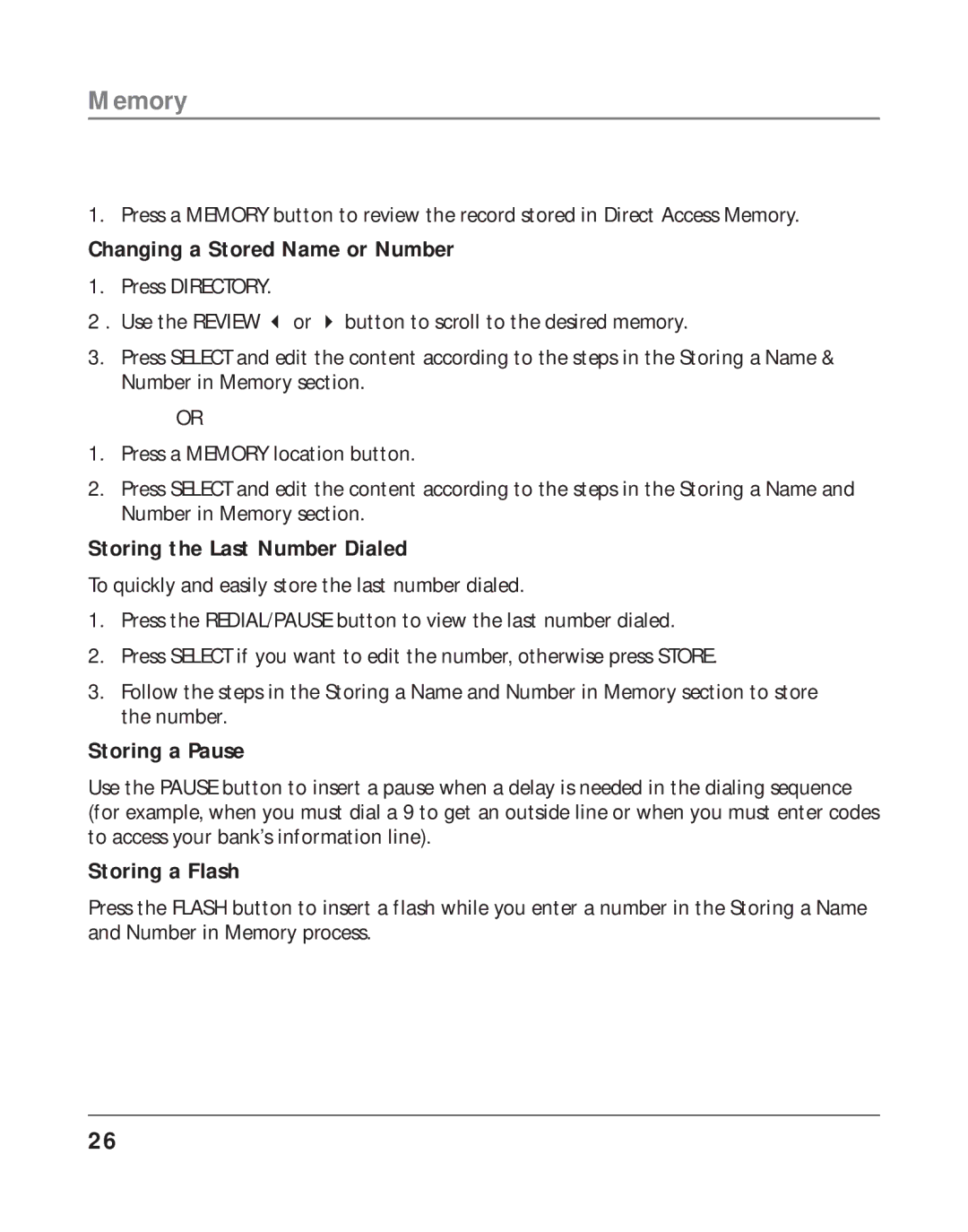 RCA 25202 manual Changing a Stored Name or Number, Storing the Last Number Dialed, Storing a Pause, Storing a Flash 