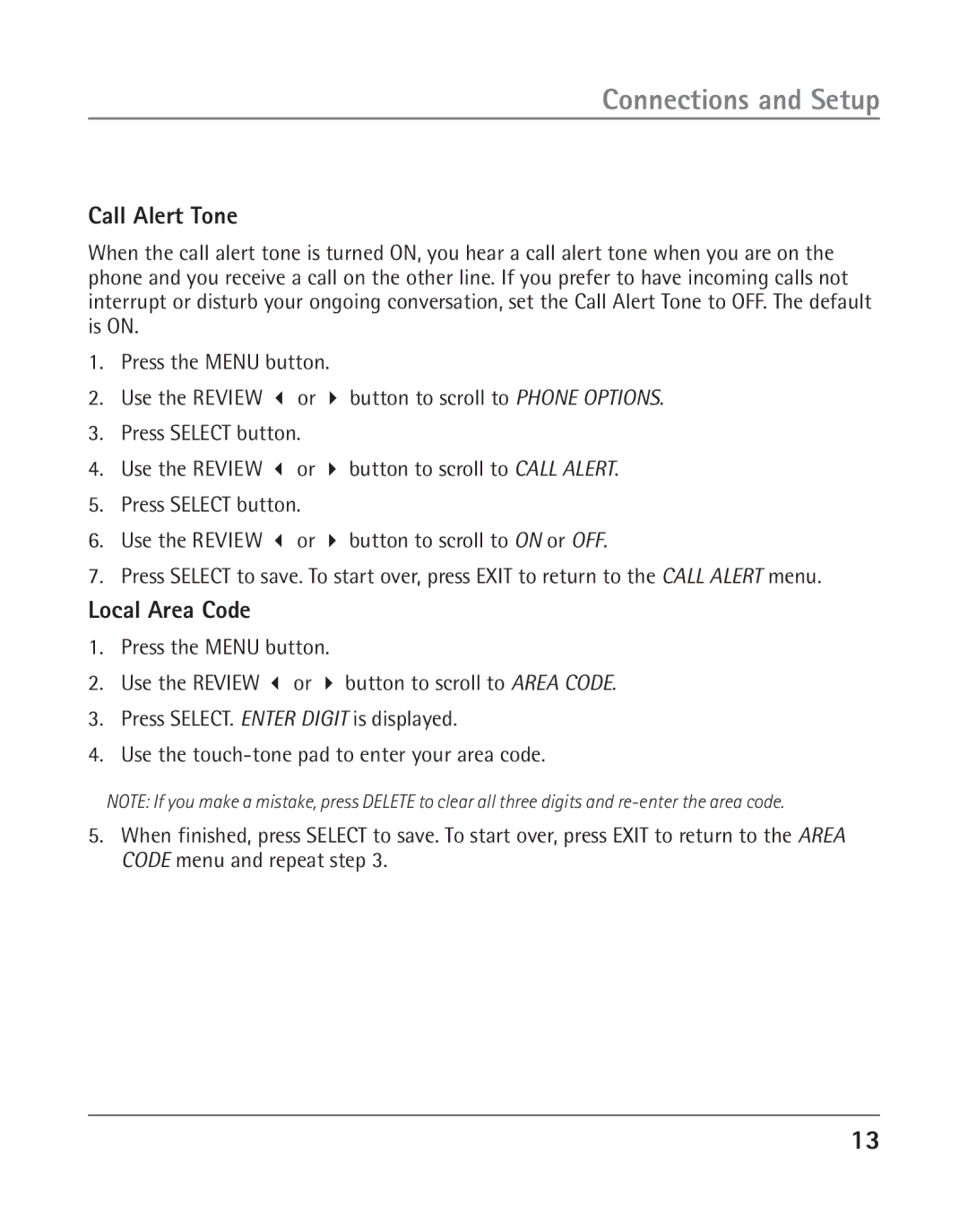 RCA 25202 manual Call Alert Tone, Local Area Code 